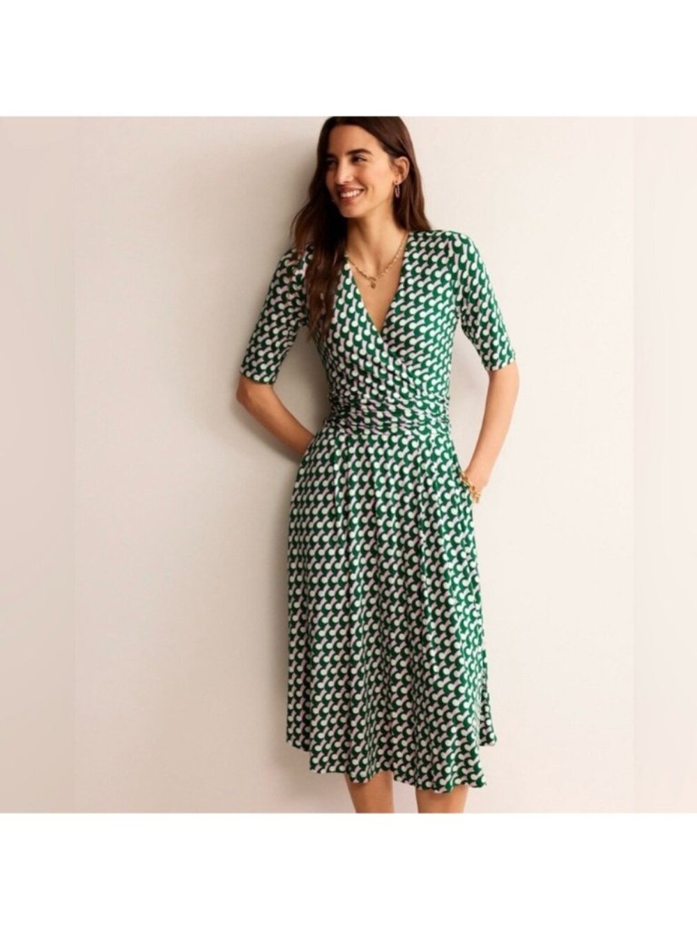 Boden Kassidy knit midi dress green tambourine 12 stretch jersey polka dot retro